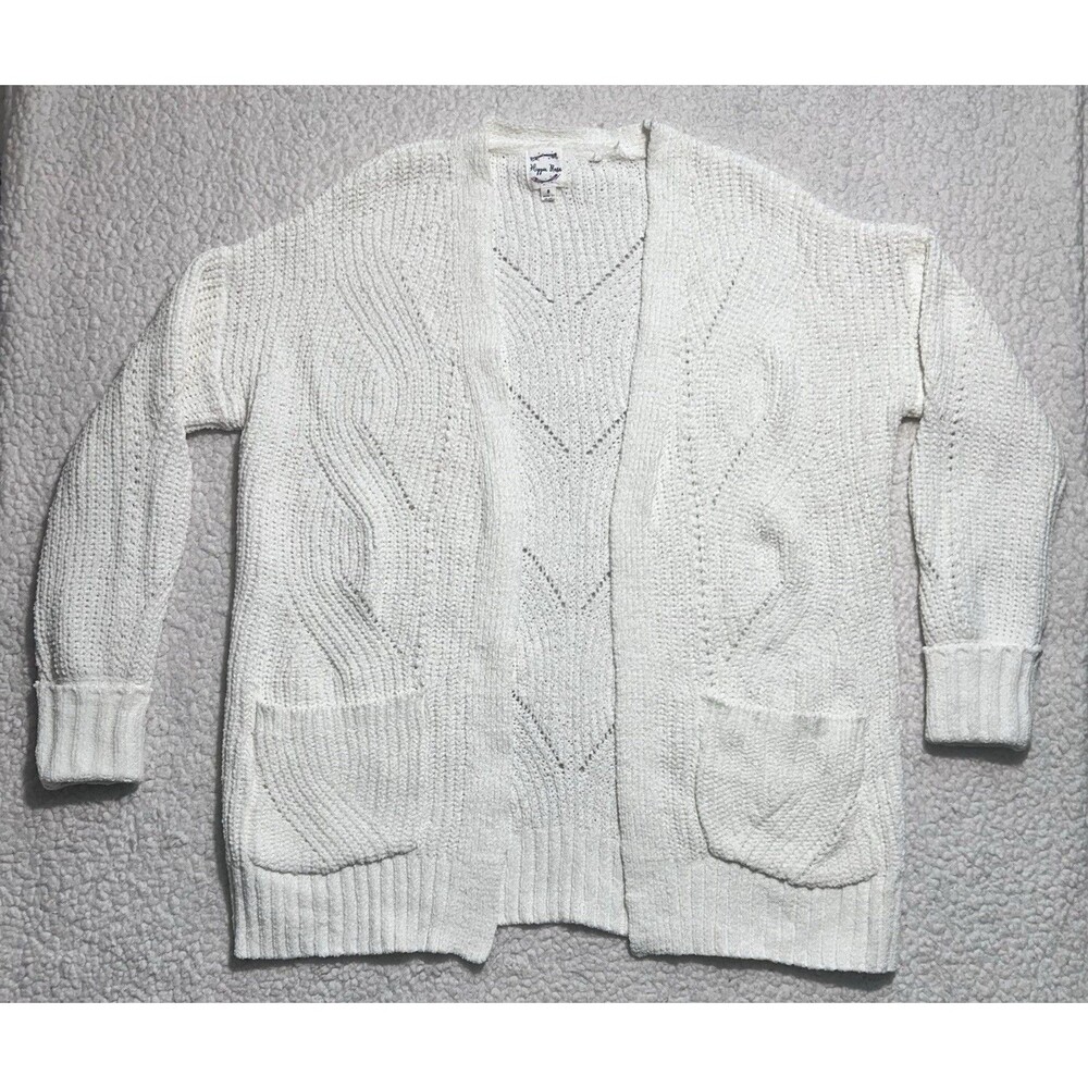 Hippie Rose Women Open Front Cardigan Sweater White Cable Knit Pockets Size S
